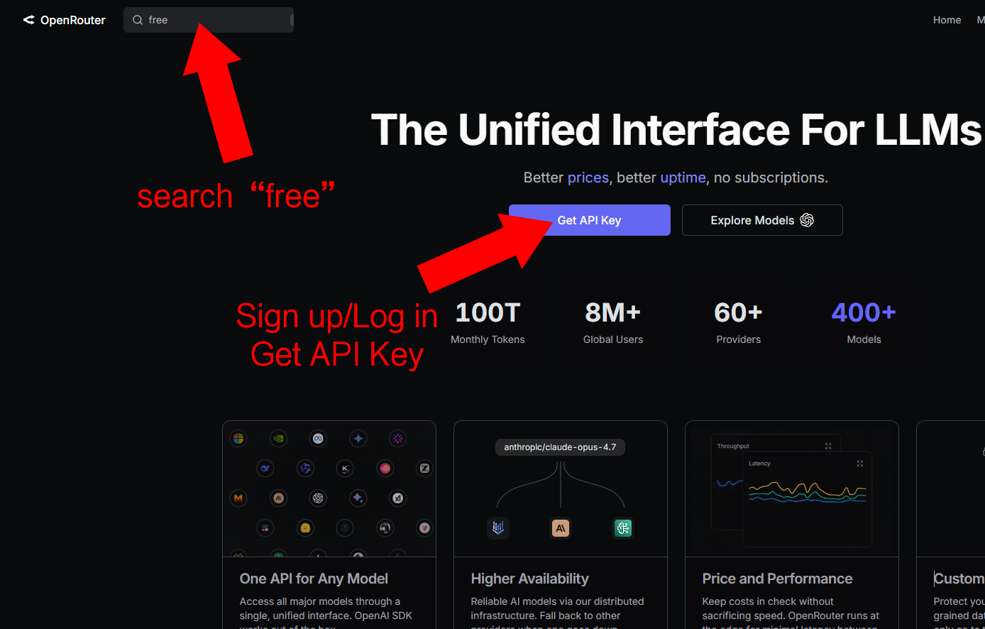 Sign up on OpenRouter and search for free models